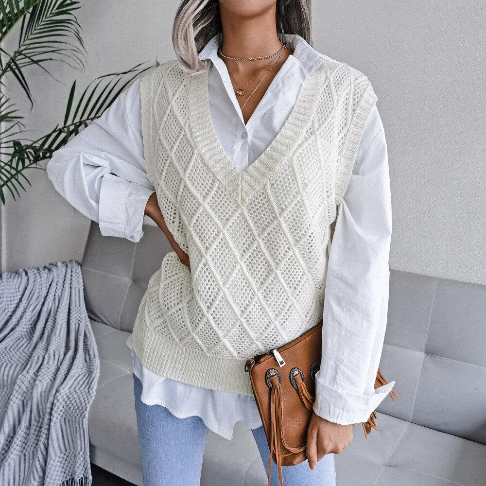 White Boho V-neck Sleeveless Knit Sweater