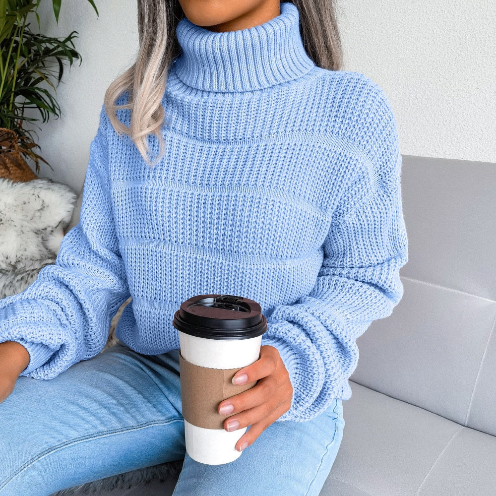 Blue Boho Knit Roll Neck Sweater
