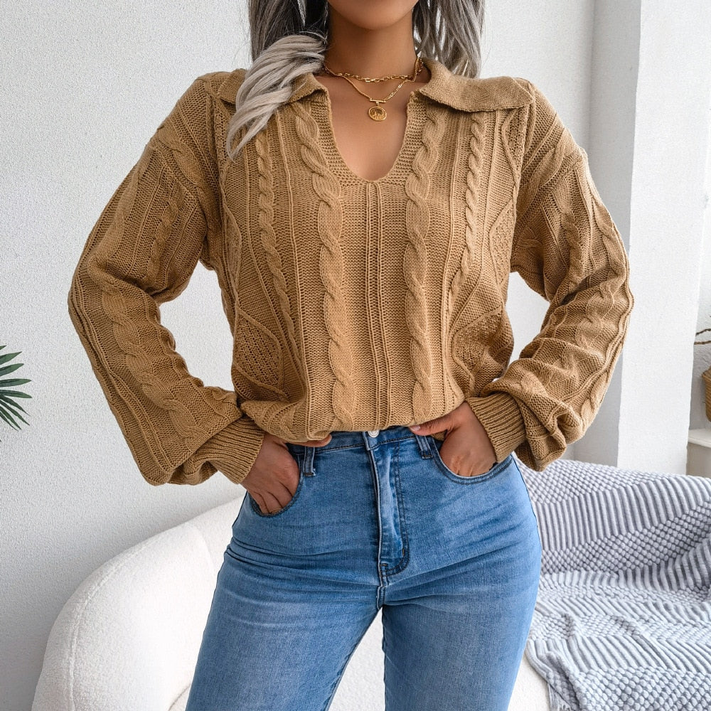 Camel Boho Knit Sweater with Collar