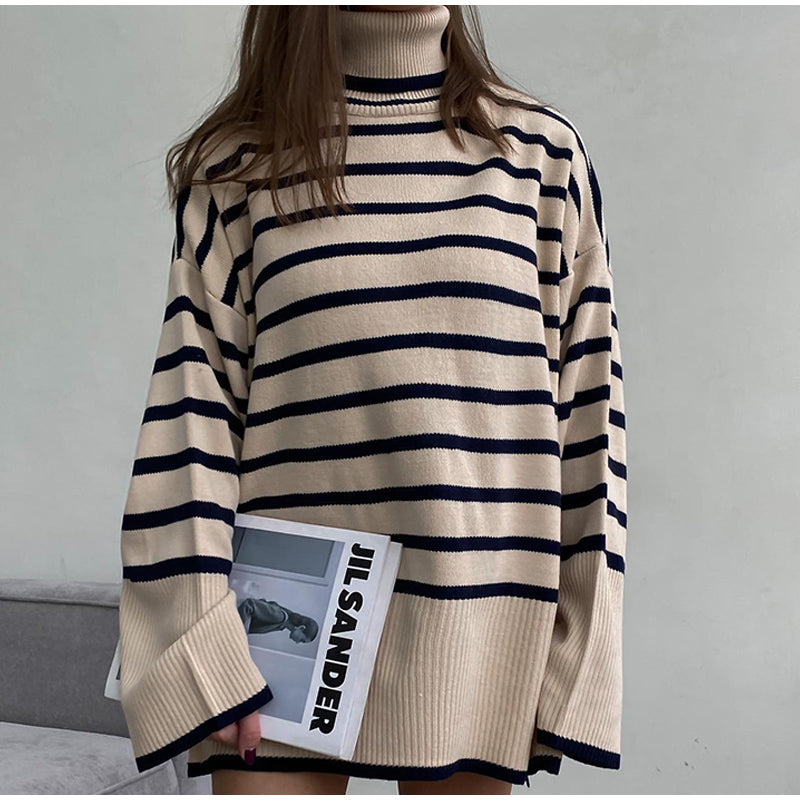 Oversized Boho Striped Turtleneck Sweater