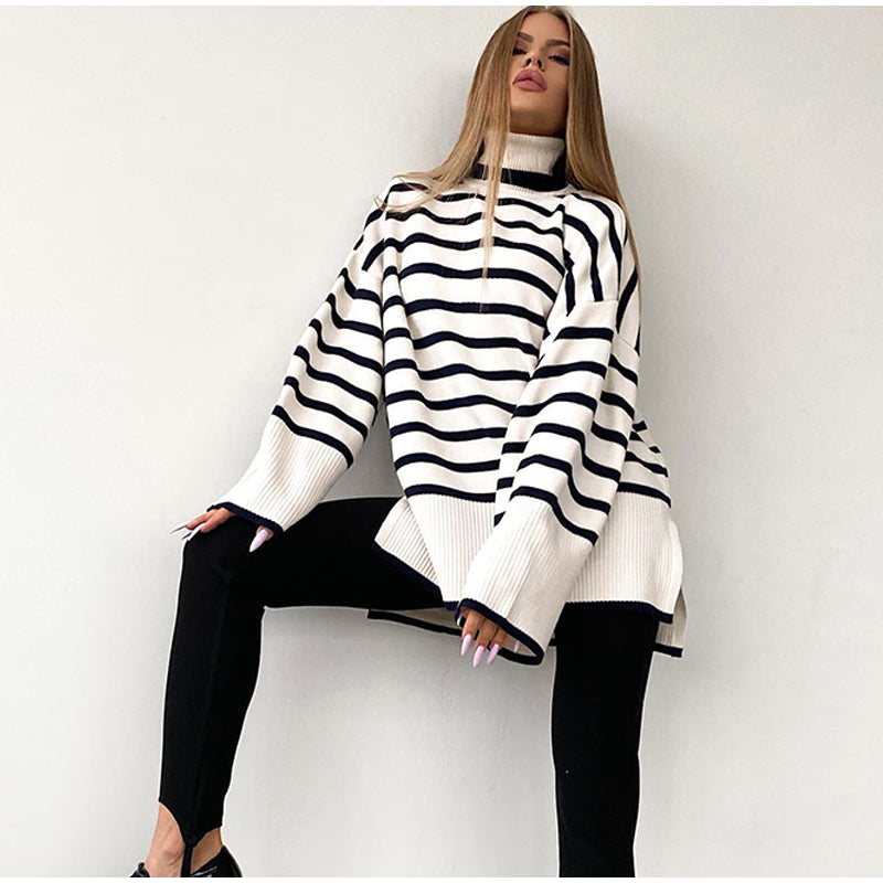 Oversized Boho Striped Turtleneck Sweater one size