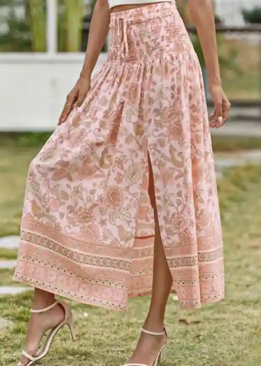 Apricot Boho long Skirt with smocked waist, floral pattern with slit
