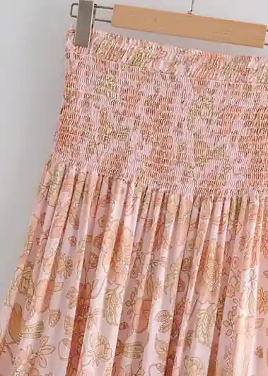Apricot Boho long Skirt with smocked waist, floral pattern with slit