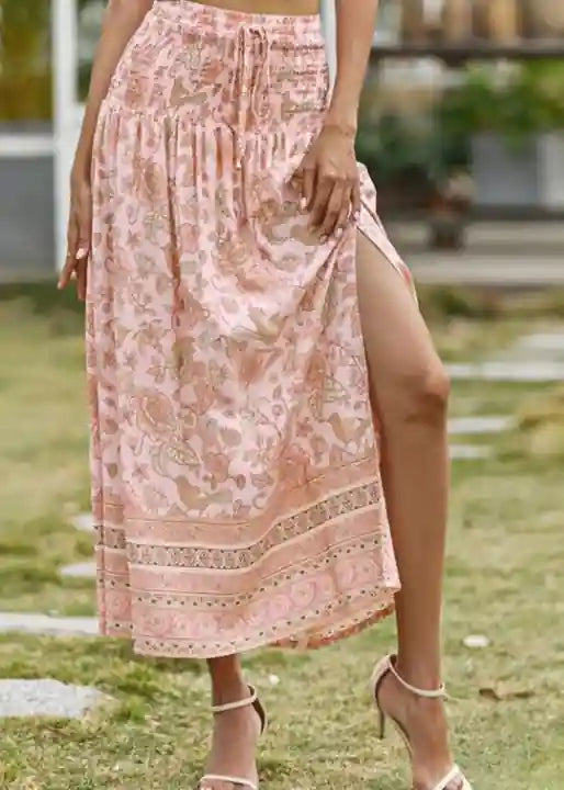 Apricot Boho long Skirt with smocked waist, floral pattern with slit