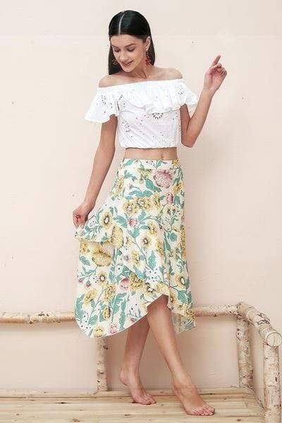 Asymmetrical Boho Midi Skirt with Floral Pattern