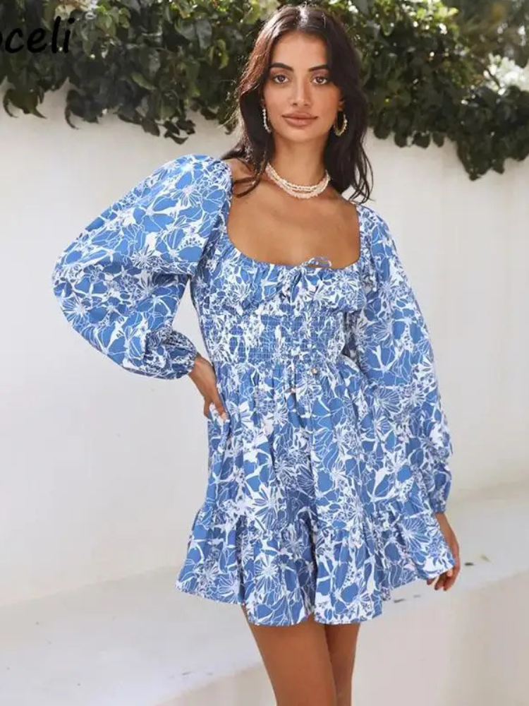 Hippie Festival Blue Mini Flared Dress