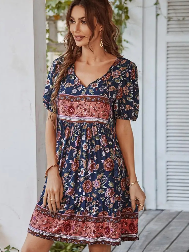 Gypsy mini dress in Dark Blue with Floral Print