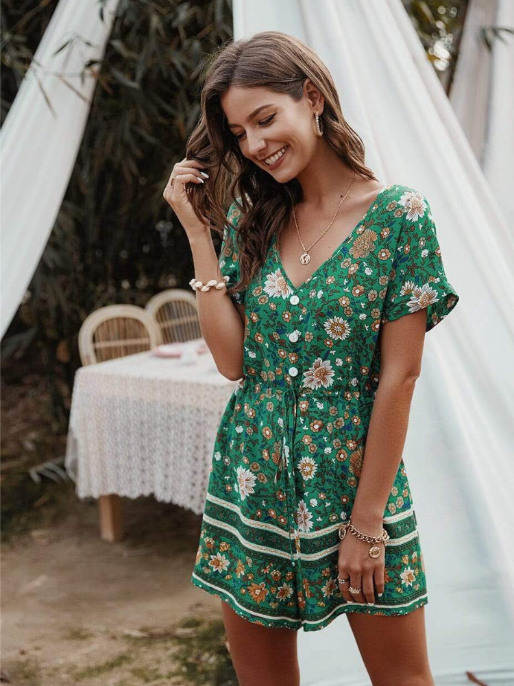 Gypsy Mini Dress in Green with Floral Print