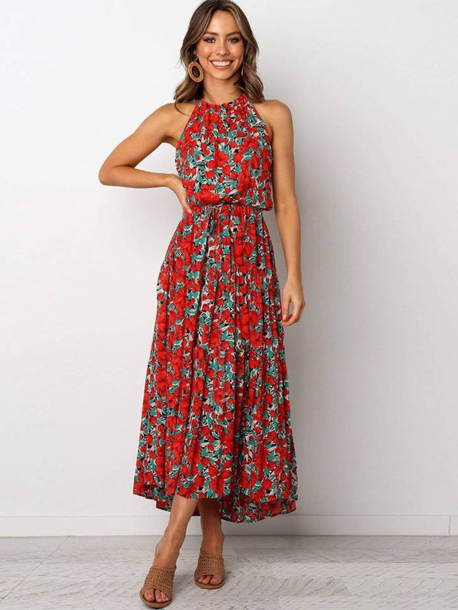 Mid-Length Boho Dress with Red/Blue Flowers