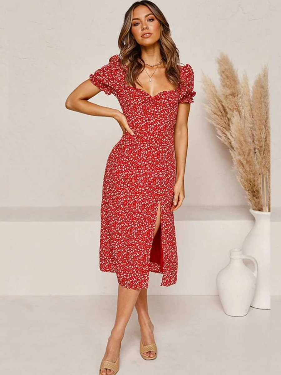 Split Hippie Mid-Length Dress with Floral Print in Red