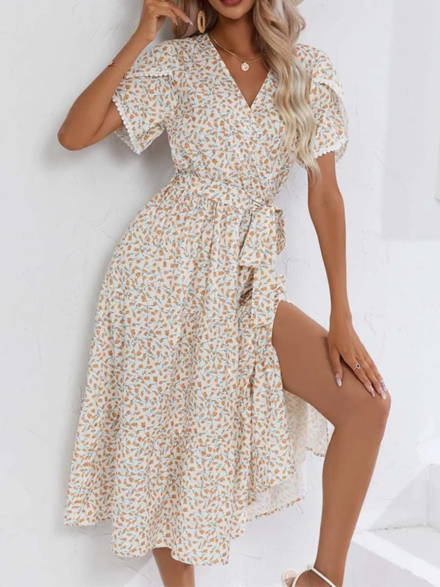 Mid-Length Pink Boho Dress in with floral Print