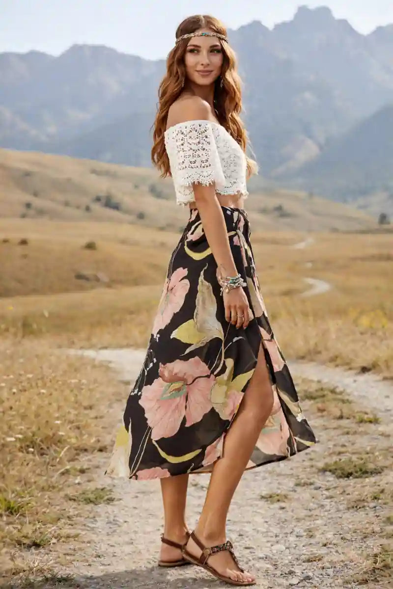 Beach Boho Skirt with Flowers Printed