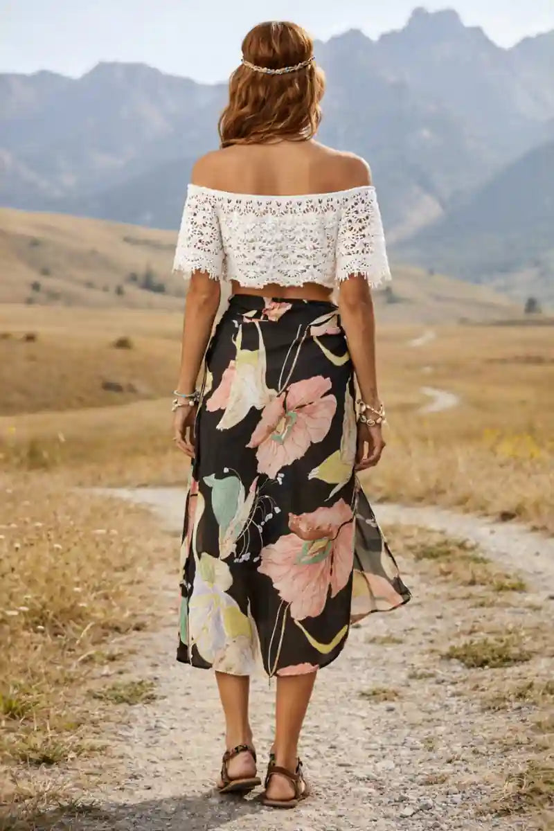 Beach Boho Skirt with Flowers Printed