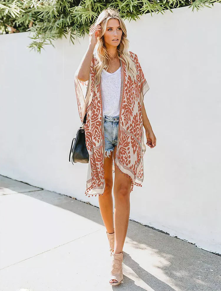 LA LEELA Women's Rayon Beach Cover Up Kimono Cardigan - Bohemian Floral Print, Short Sleeve, Swimsuit Cover