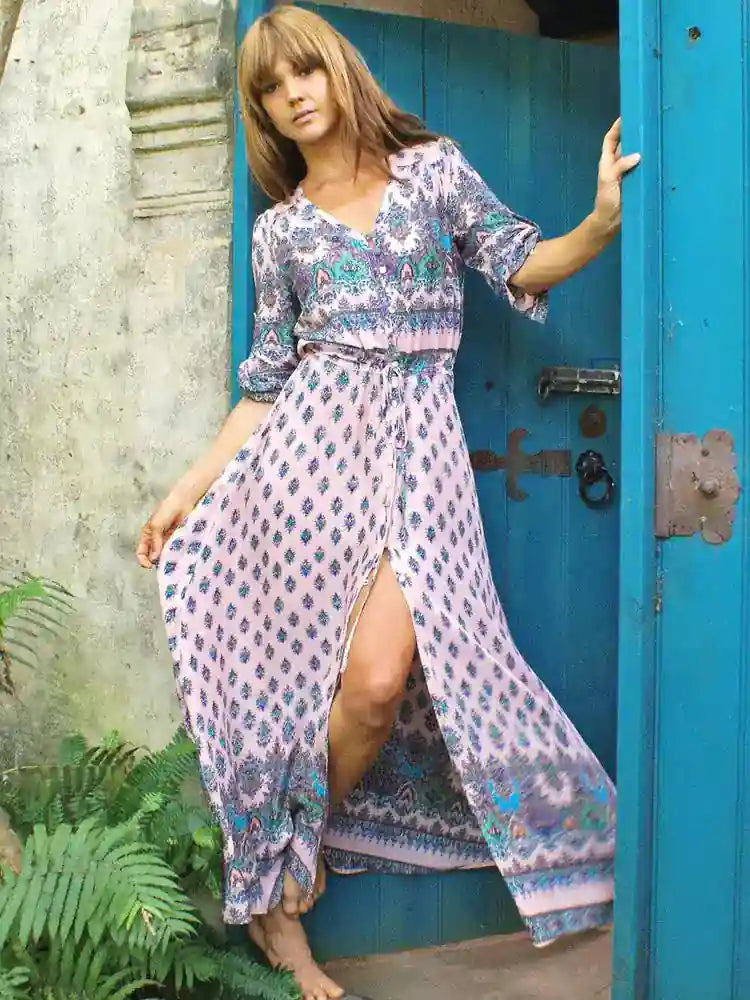 Beach Maxi Dress With Sleeves - Purple / L Beach Maxi Dress With Sleeves - Purple / L