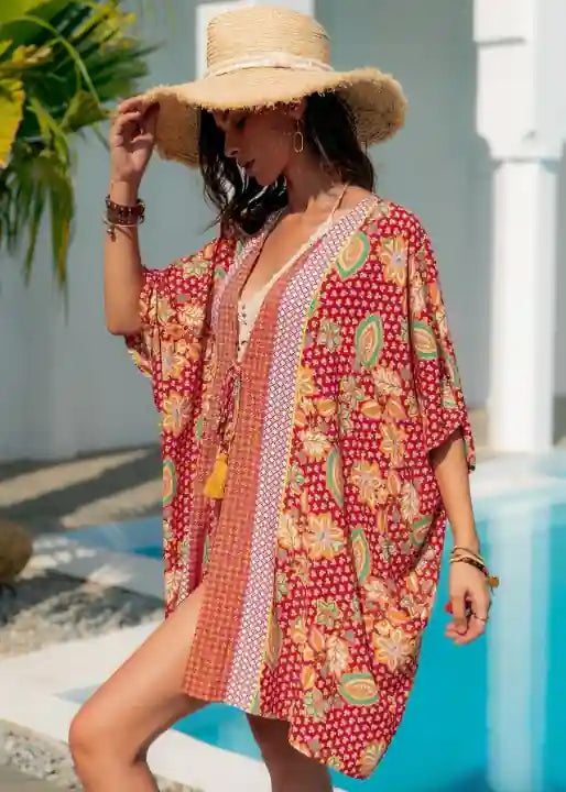 Beautiful Red Boho Kimono Floral