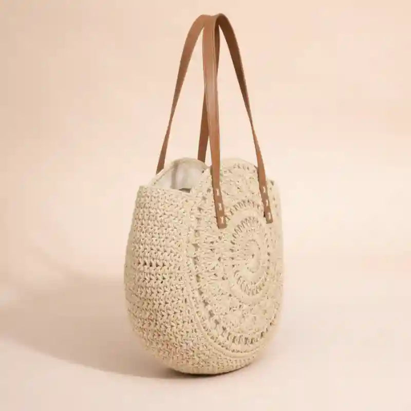 Beige Boho Straw Tote Bag