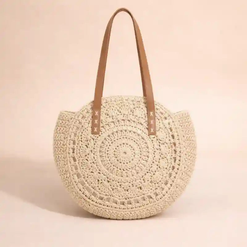 Beige Boho Straw Tote Bag