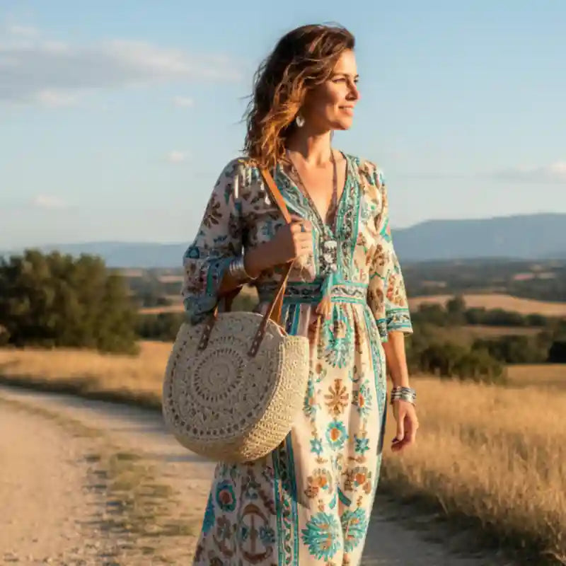 Beige Boho Straw Tote Bag