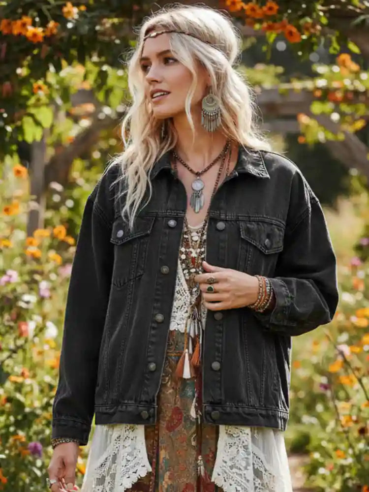 Black Boho Denim Jacket