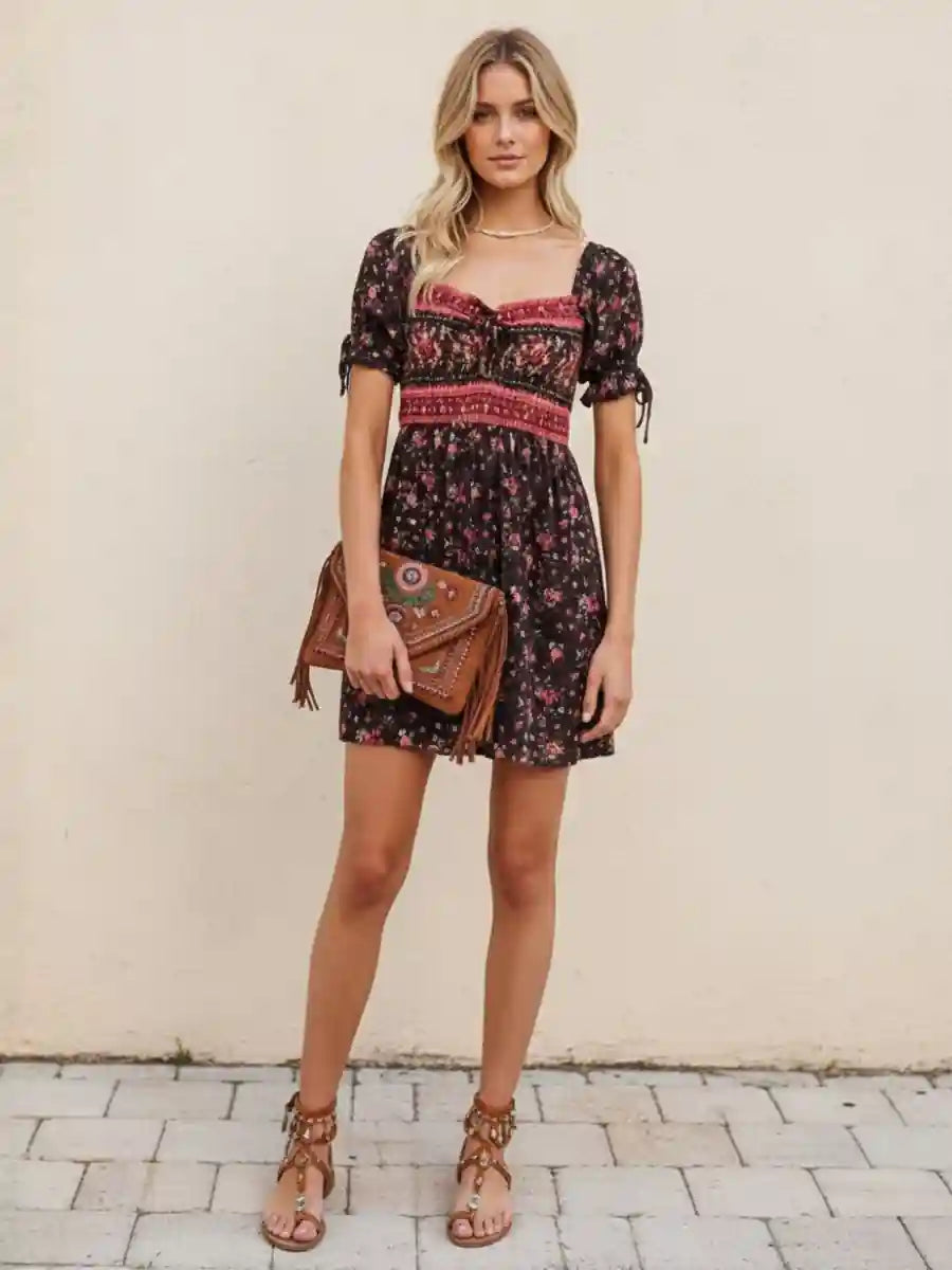 Black Boho Flower Dress