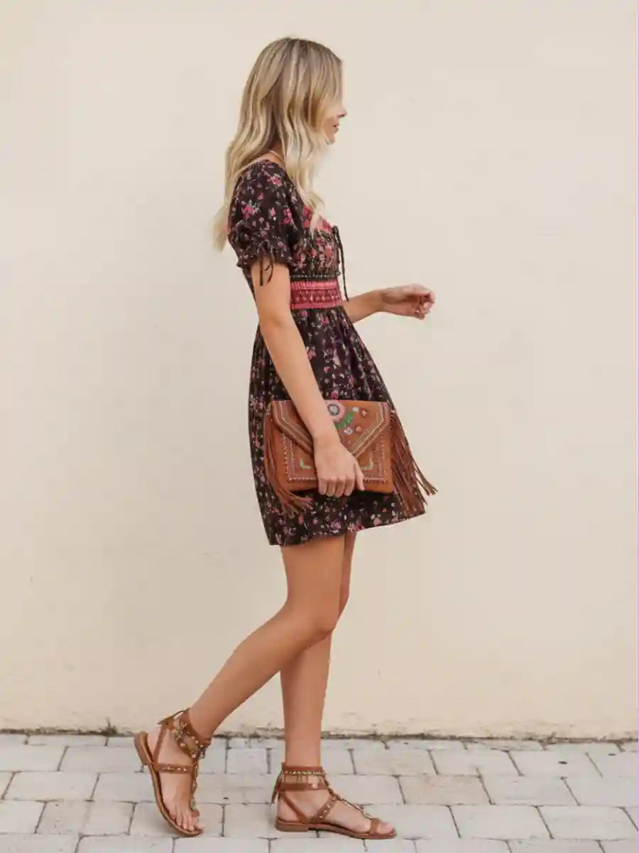 Black Boho Flower Dress