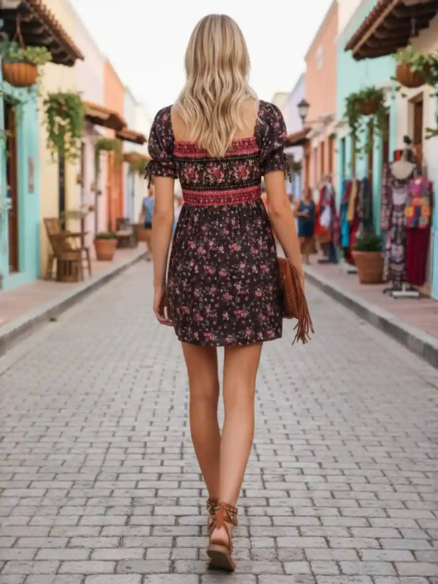 Black Boho Flower Dress