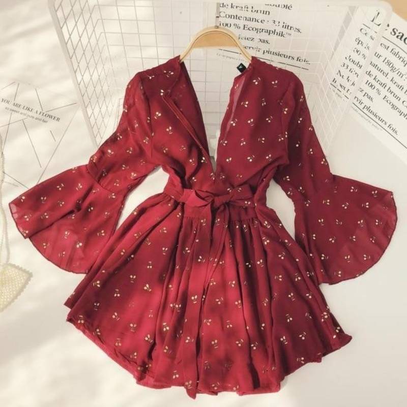 Boho Romper Short Suit Vintage Cherry