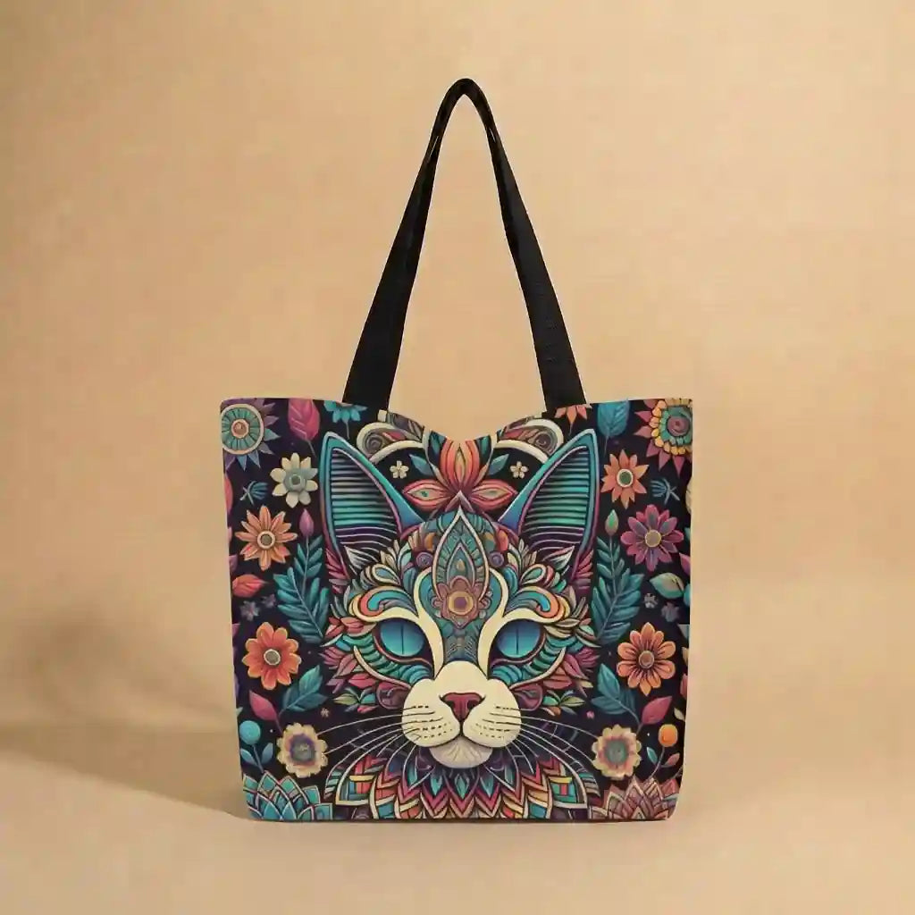 Bohemian Floral Cat Canvas Tote Bag