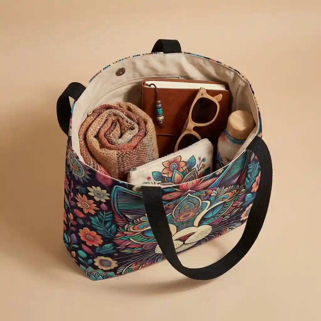 Bohemian Floral Cat Canvas Tote Bag