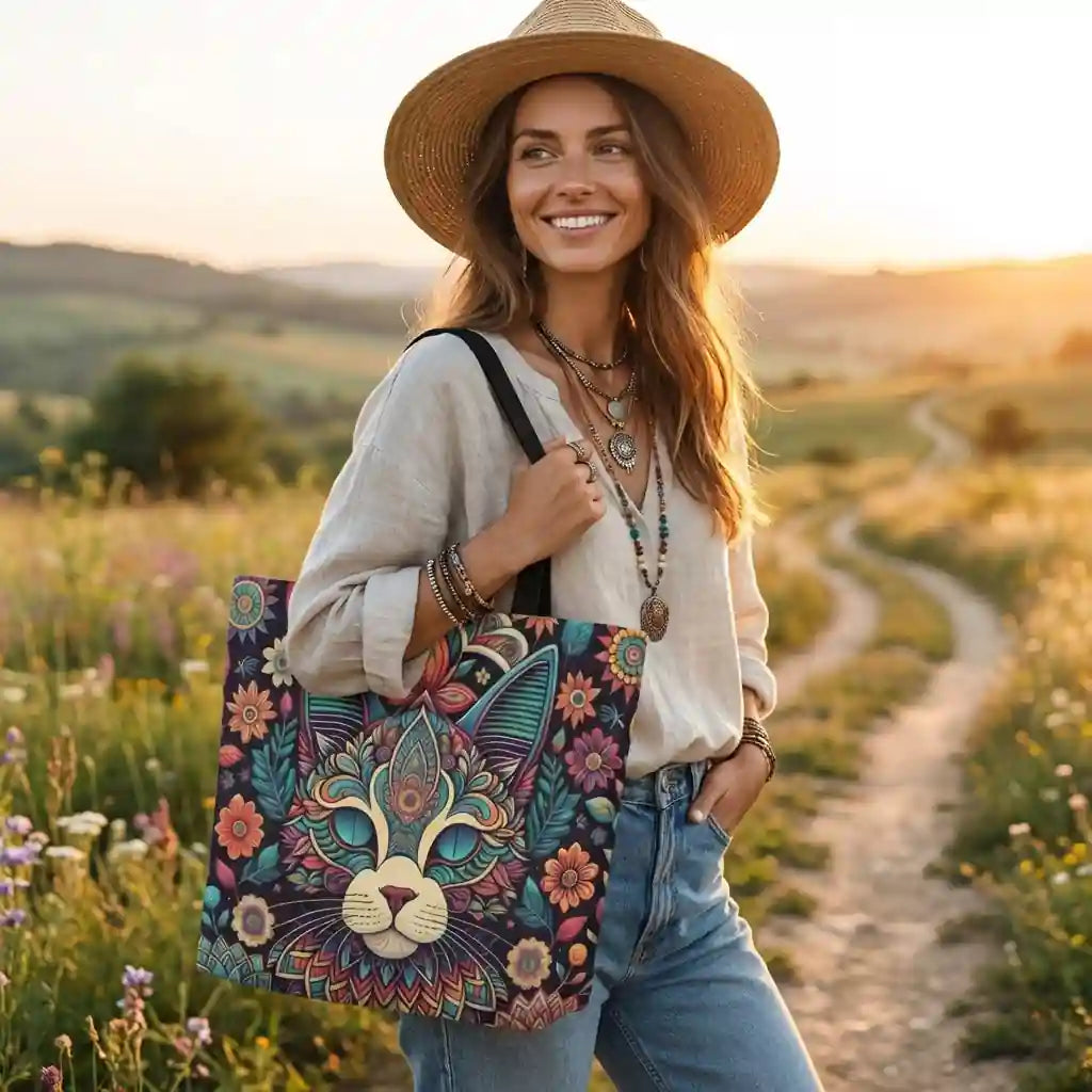 Bohemian Floral Cat Canvas Tote Bag