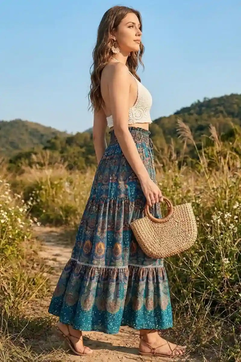 Bohemian Floral Print Maxi Skirt