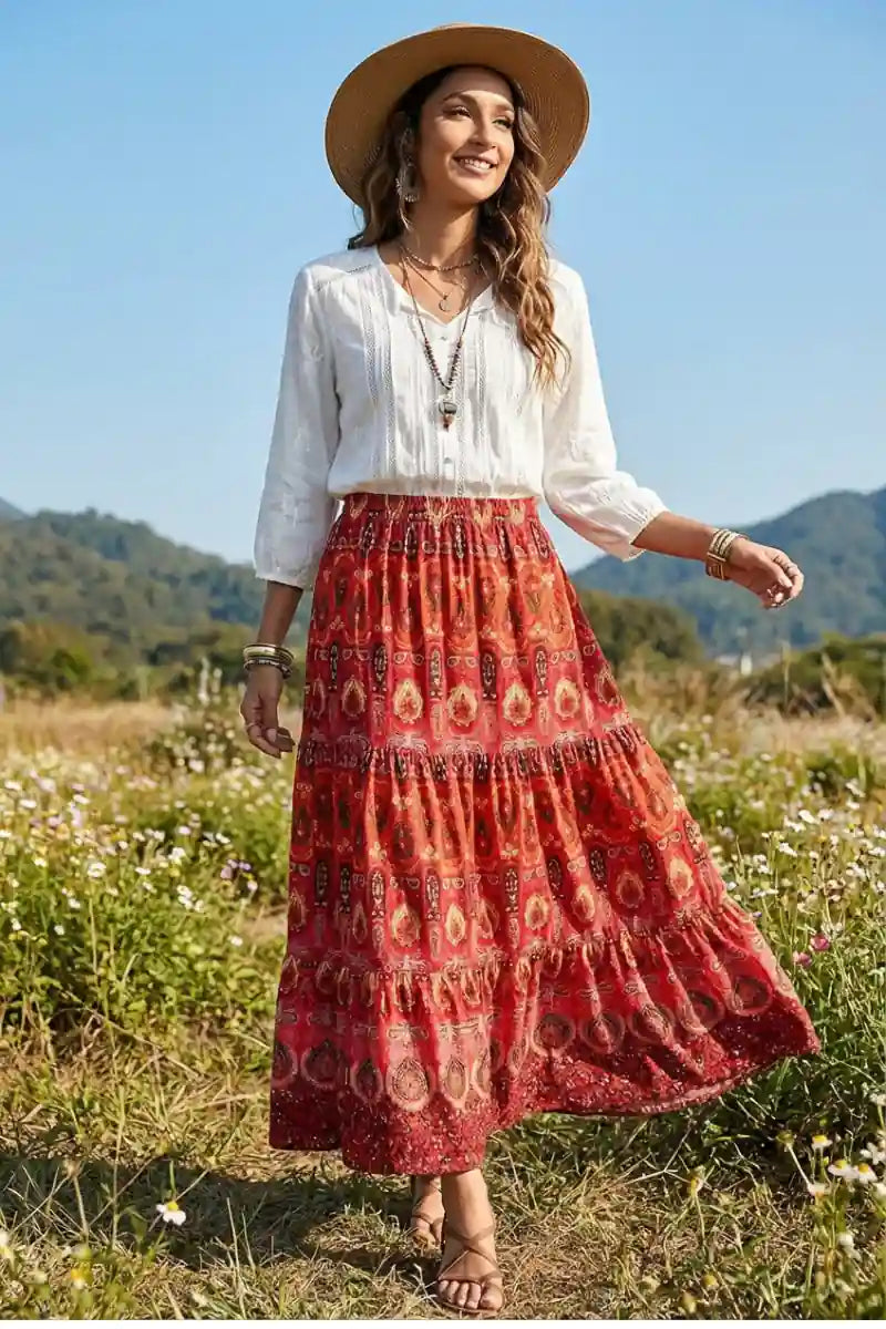 Bohemian Floral Print Maxi Skirt