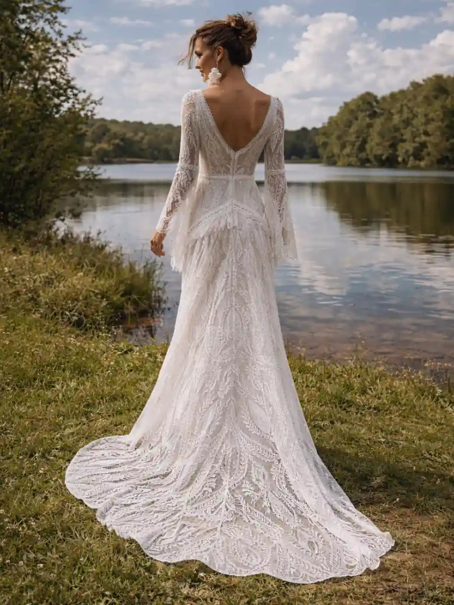 hippie lace wedding dress Boho Wedding Dress Lace A-Line With Train Backless Long Sleeves V-Neck White Hippie Bridal Dresses Free Customization