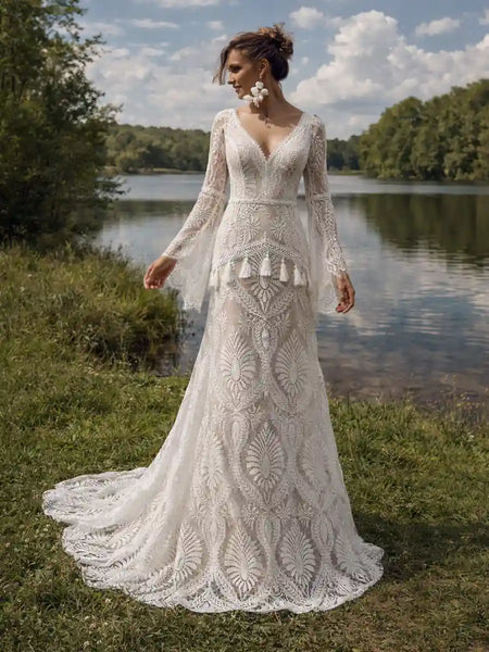 Bohemian Lace Wedding Dress - White / M Bohemian Lace Wedding Dress - White / M