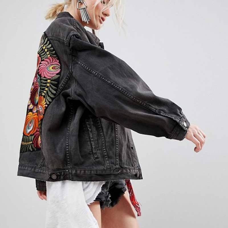 Oversized Boho denim jacket with colorful embroidery on the back