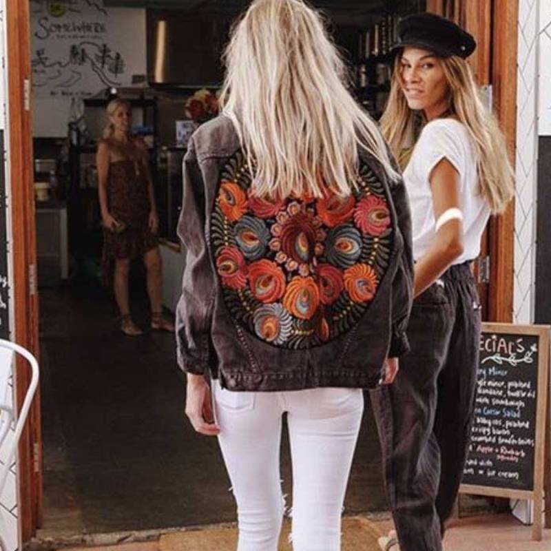 Oversized Boho denim jacket with colorful embroidery on the back