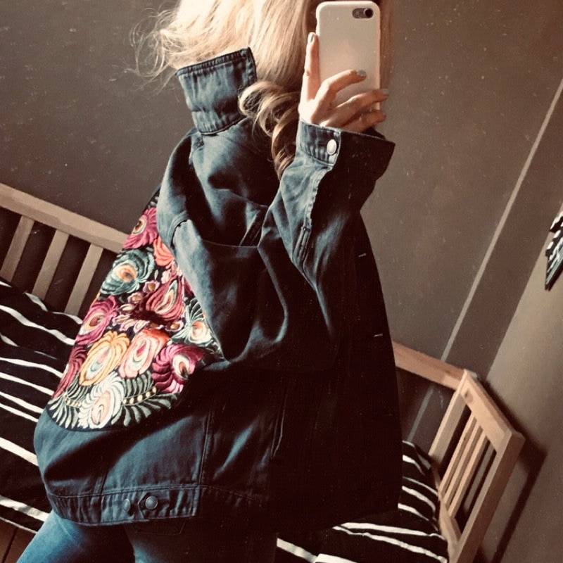 Oversized Boho denim jacket with colorful embroidery on the back