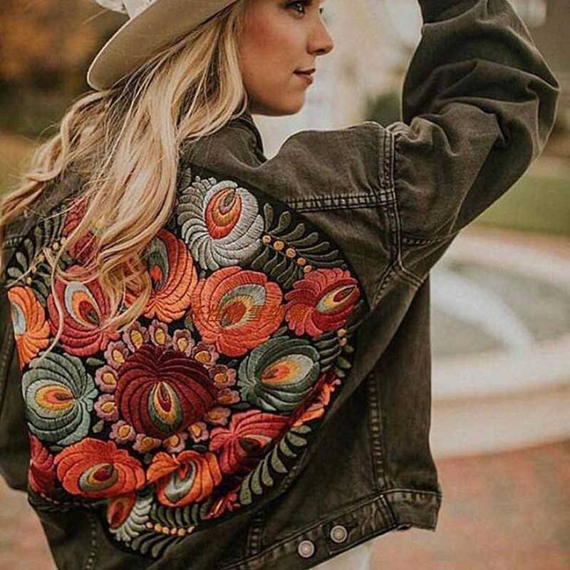 Oversized Boho denim jacket with colorful embroidery on the back