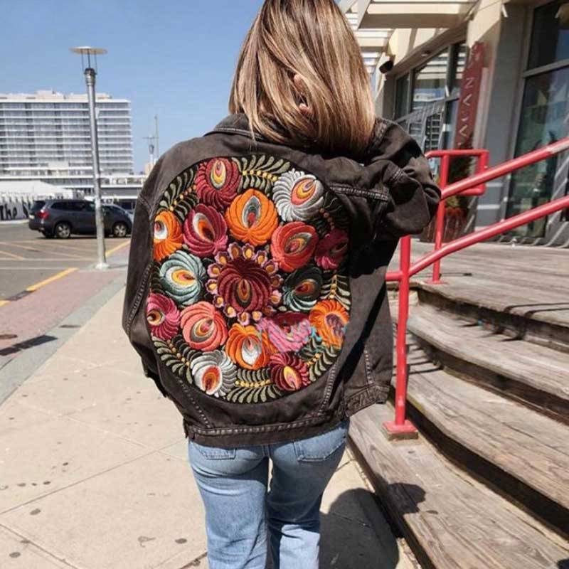 Oversized Boho denim jacket with colorful embroidery on the back