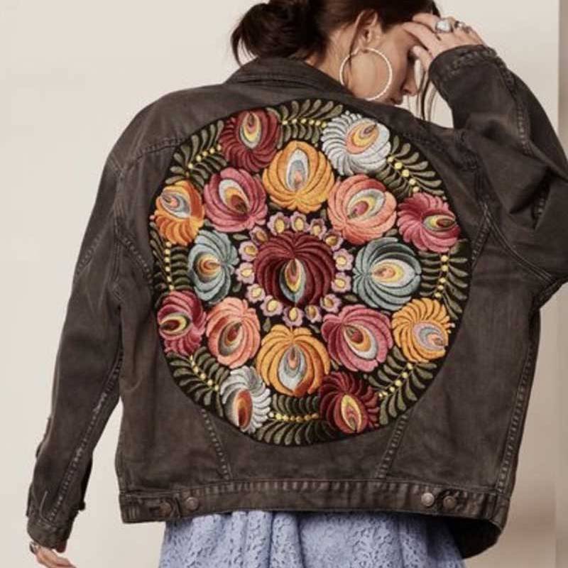 Oversized Boho denim jacket with colorful embroidery on the back