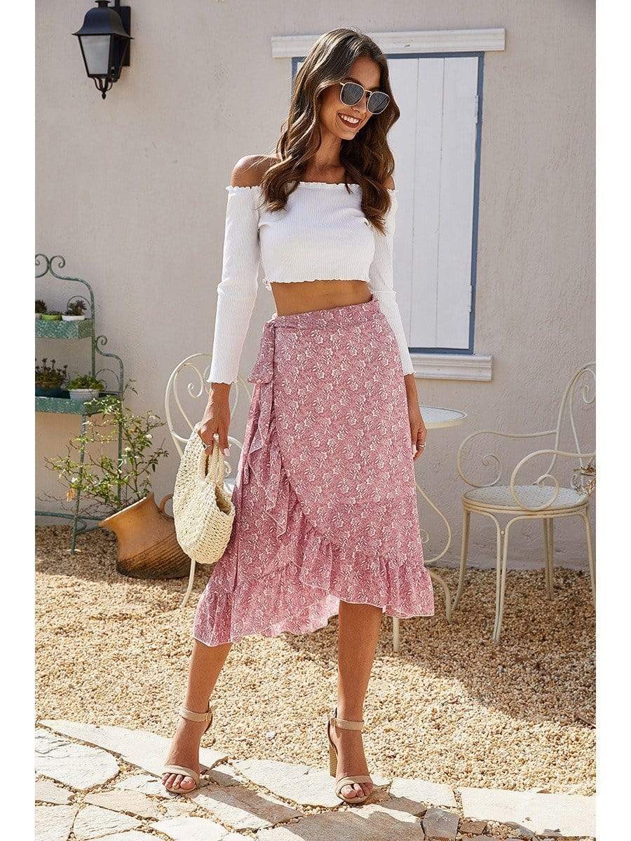 Boho Asymmetrical Midi Skirt with Floral Print - Main Image
