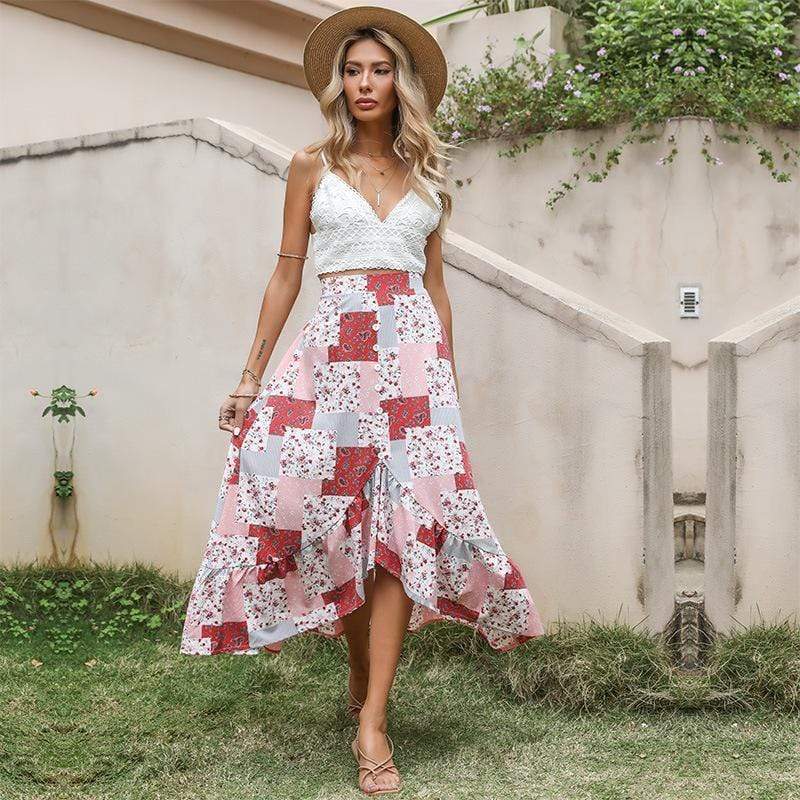 Boho Asymmetrical Skirt with Buttons and Ruffles