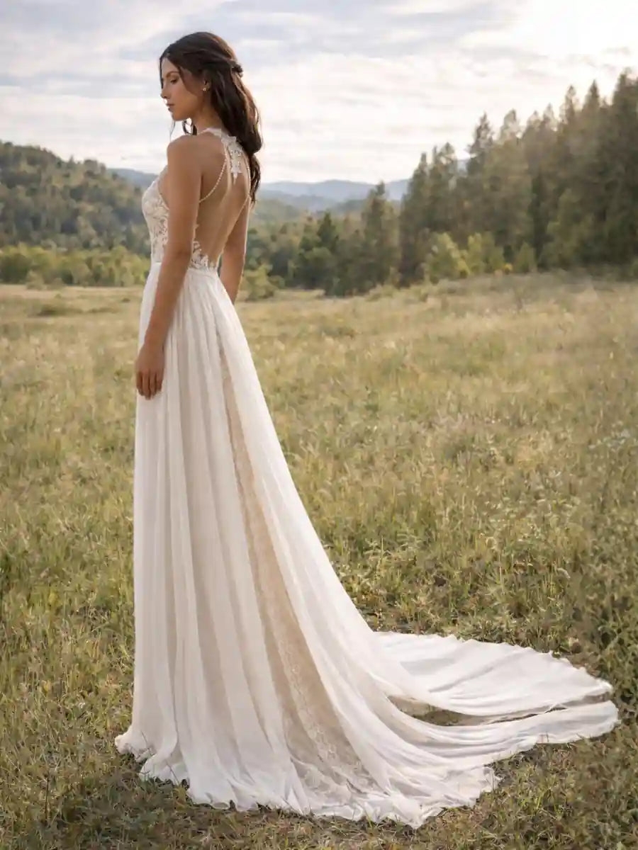 backless lace wedding dress V Neckline Backless Lace Chiffon Bohemian Wedding Dress WD734 US16 / White