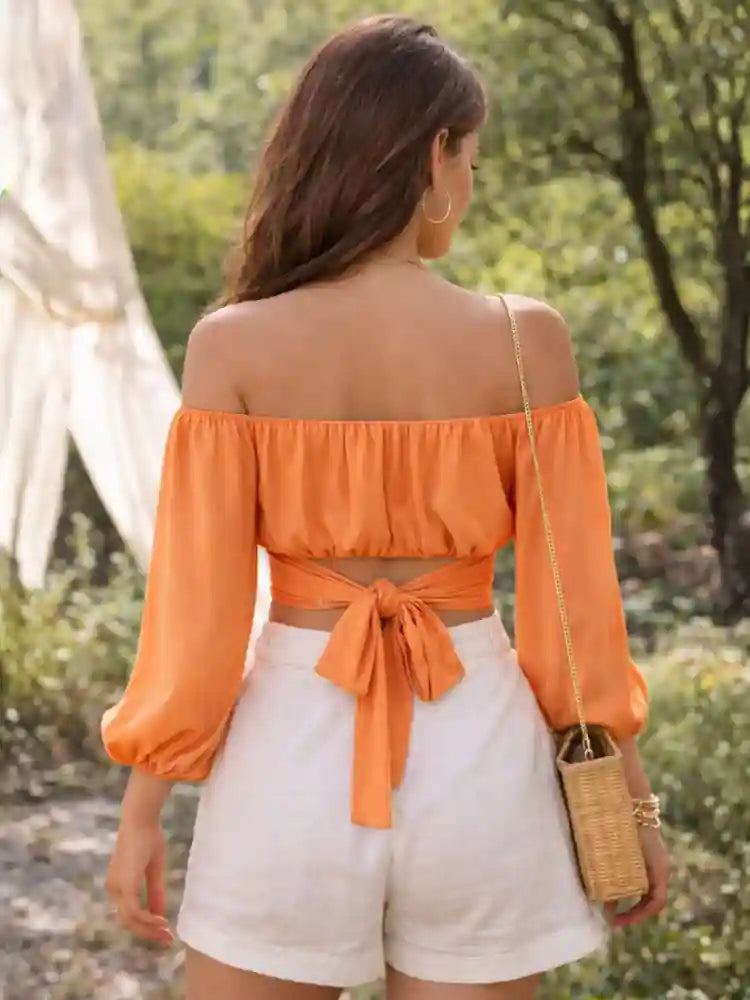 Boho Bardot Long-Sleeve Crop Top