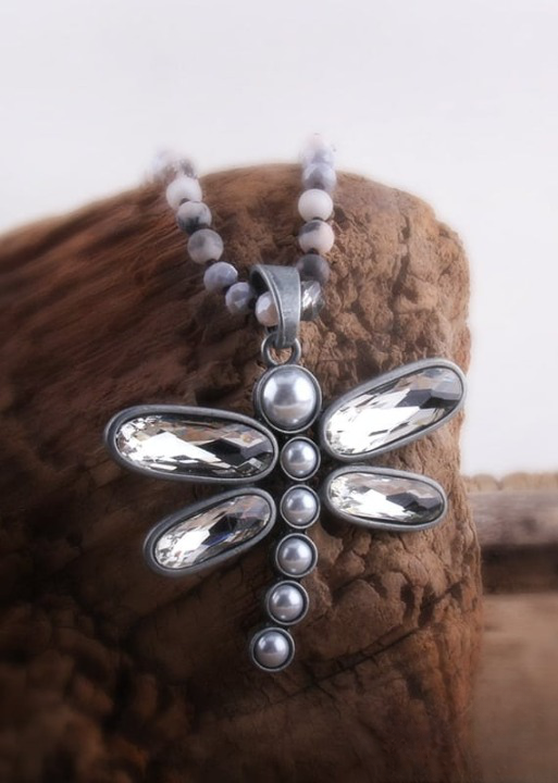 Boho Beaded Necklace - Dragonfly Blue Pendant