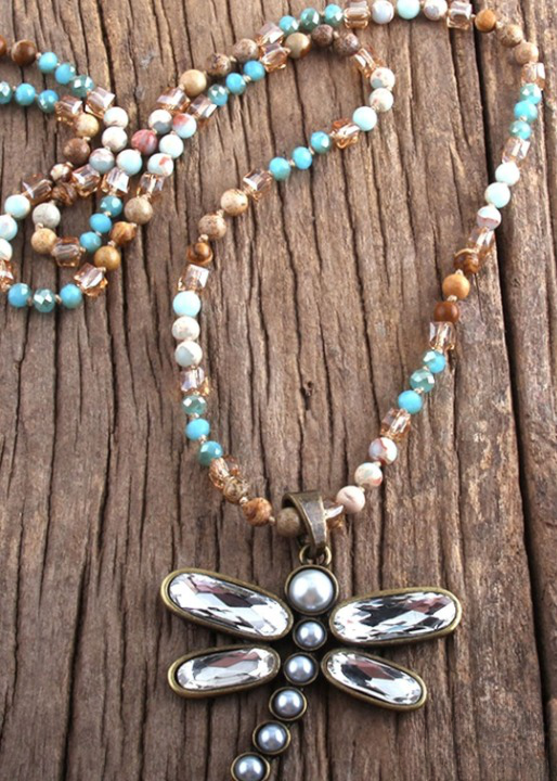 Boho Beaded Necklace - Dragonfly Blue Pendant