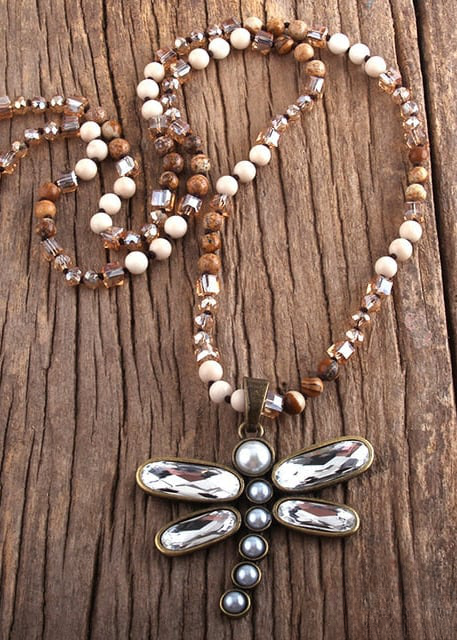 Boho Beaded Necklace - Dragonfly Pendant
