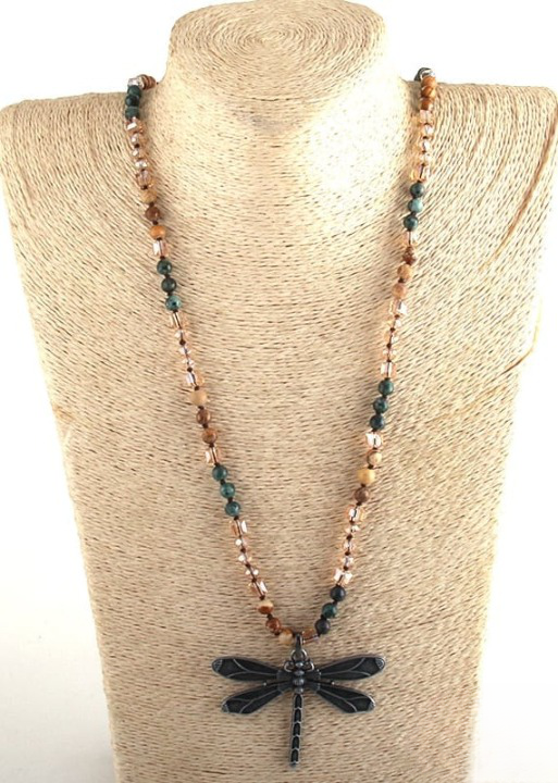 Boho Beaded Necklace - Dragonfly Pendant