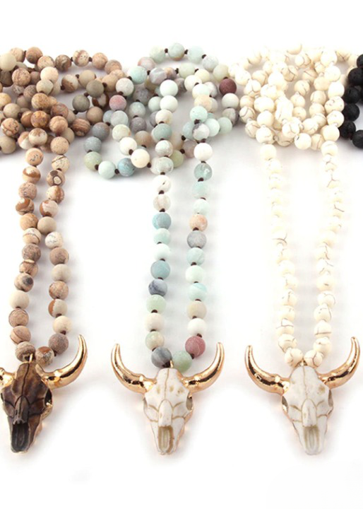 Boho Beaded Necklace - Horn Pendant
